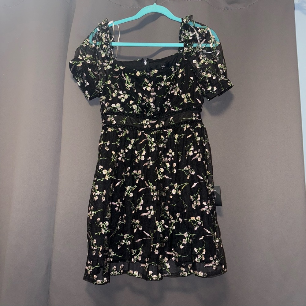 Lulu's Black and White Fit and Flare Puff Sleeve Dress